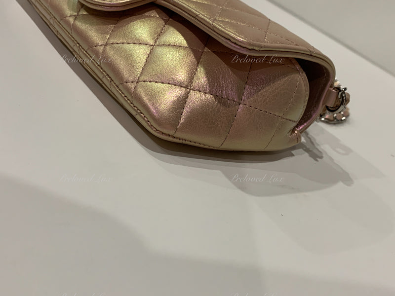 CHANEL Iridescent Pink Calfskin Mini Flap Crossbody Bag in Silver Hardware