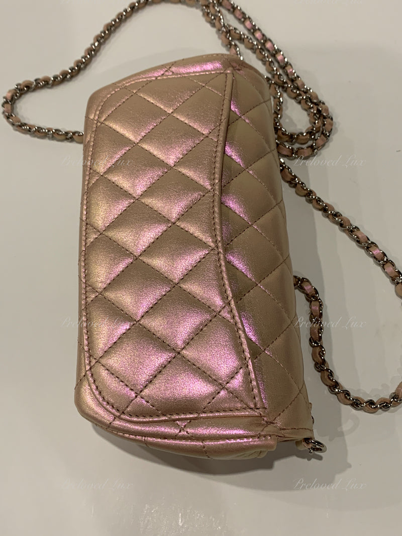 CHANEL Iridescent Pink Calfskin Mini Flap Crossbody Bag in Silver Hardware