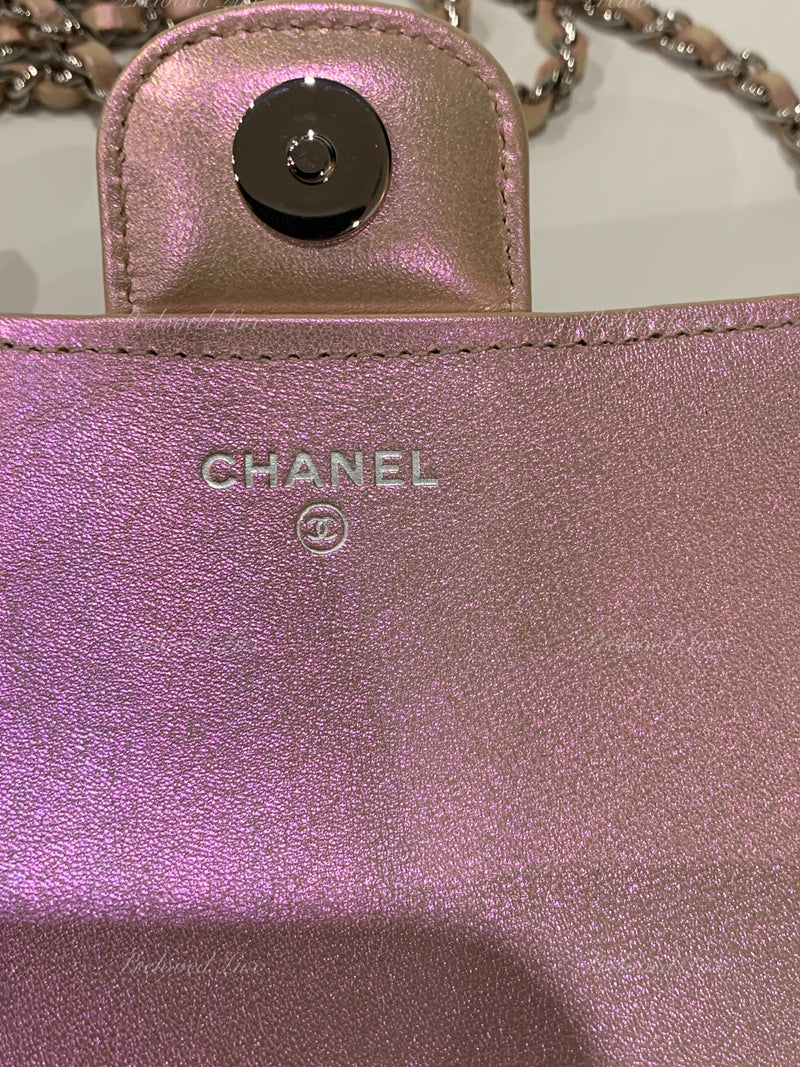 CHANEL Iridescent Pink Calfskin Mini Flap Crossbody Bag in Silver Hardware