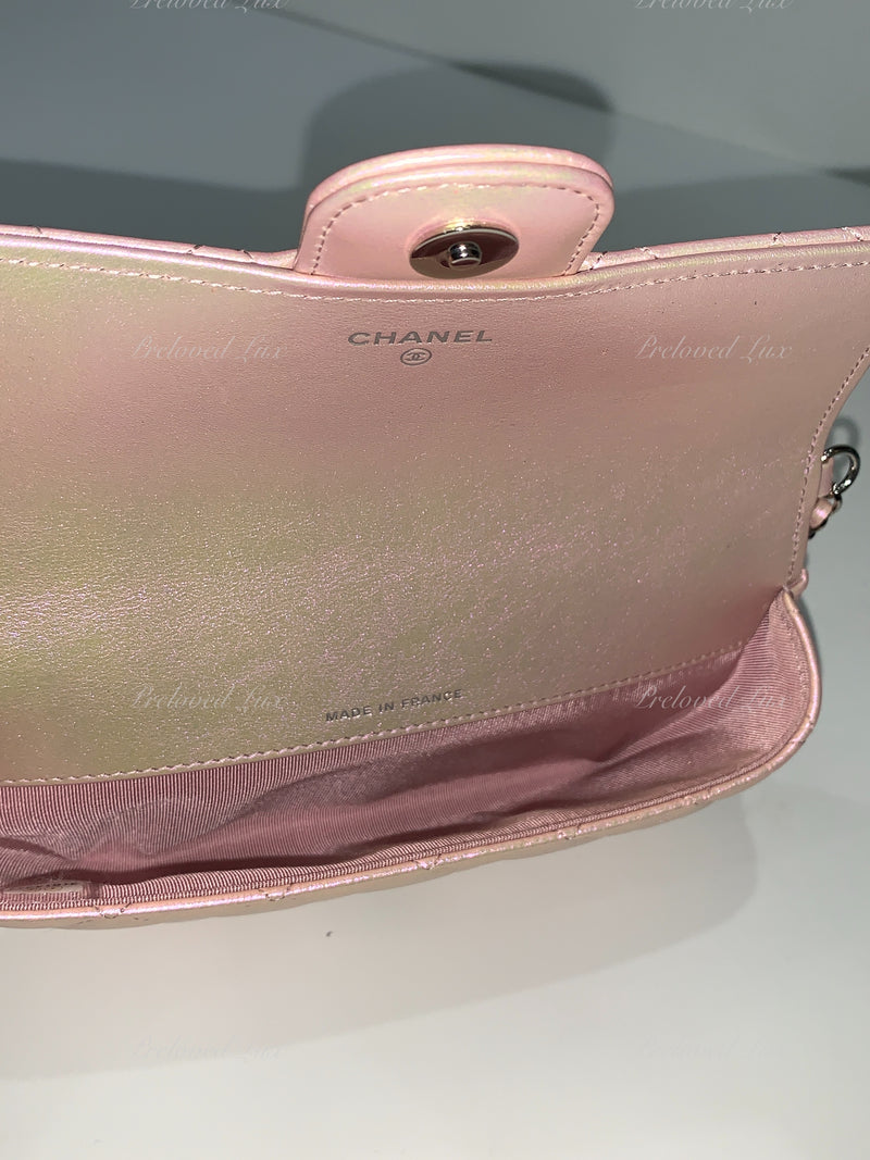 CHANEL Iridescent Pink Calfskin Mini Flap Crossbody Bag in Silver Hardware