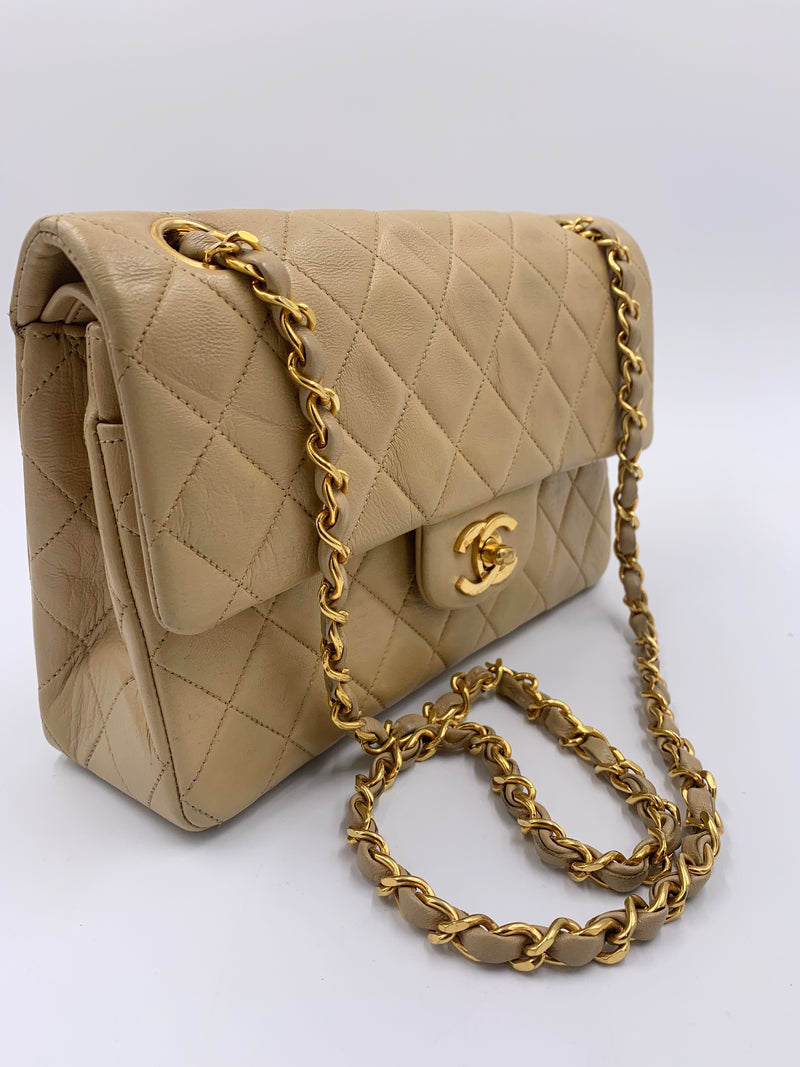 Sold-CHANEL Small Classic Double Flap Shoulder bag - Beige - Gold Hardware/Vintage