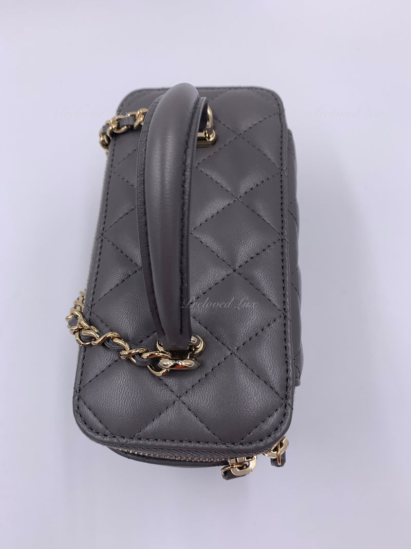 Sold-CHANEL Lambskin Grey Top Handle Vanity Case Chain Bag Light Gold Hardware