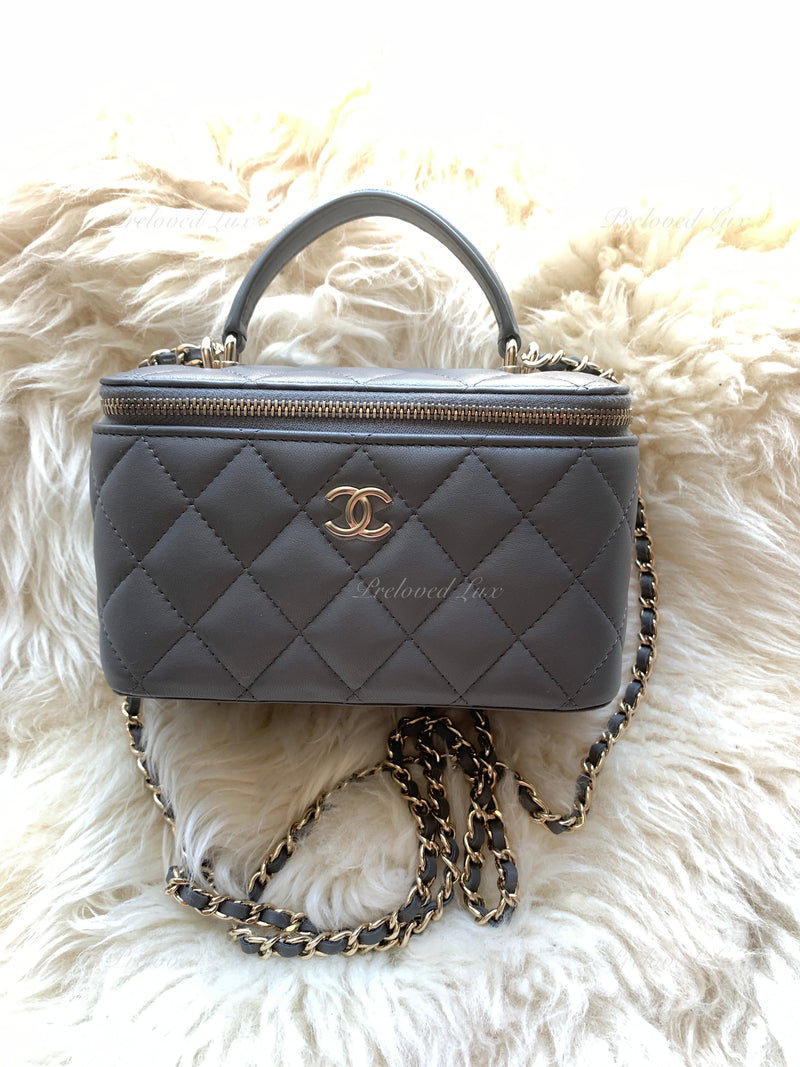 Sold-CHANEL Lambskin Grey Top Handle Vanity Case Chain Bag Light Gold Hardware