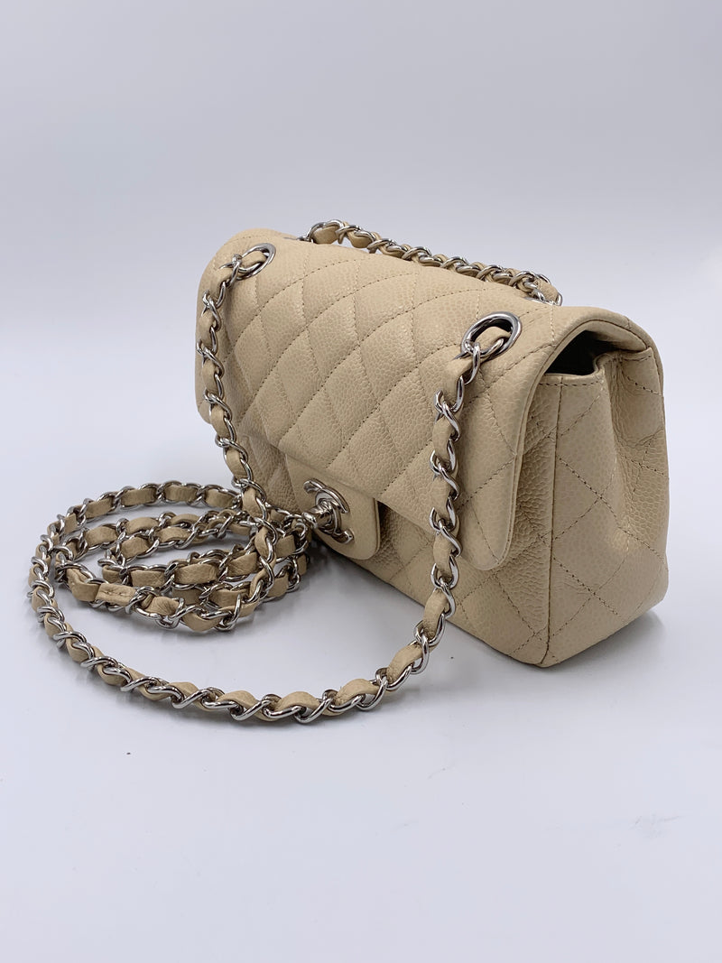 Sold-CHANEL Caviar Mini Rectangular Flap Beige - Crossbody - Silver Hardware