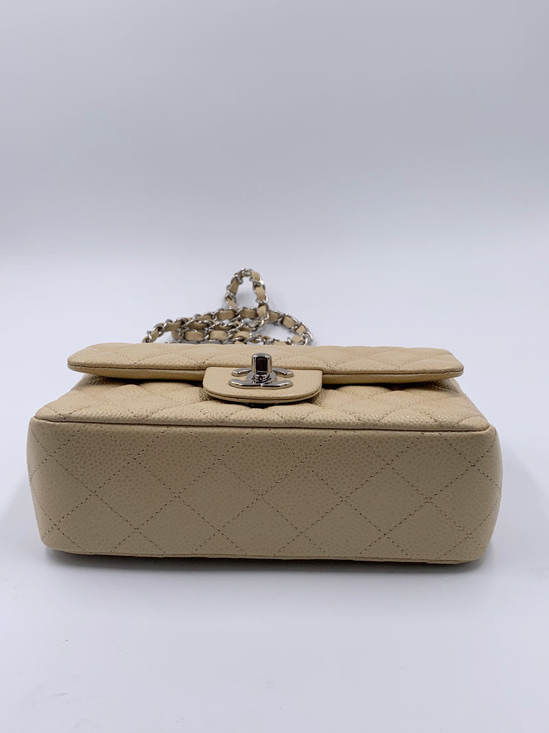 Sold-CHANEL Caviar Mini Rectangular Flap Beige - Crossbody - Silver Hardware