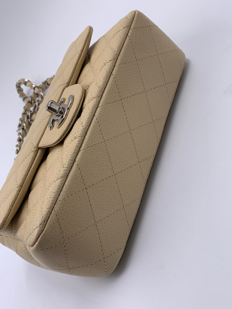 Sold-CHANEL Caviar Mini Rectangular Flap Beige - Crossbody - Silver Hardware