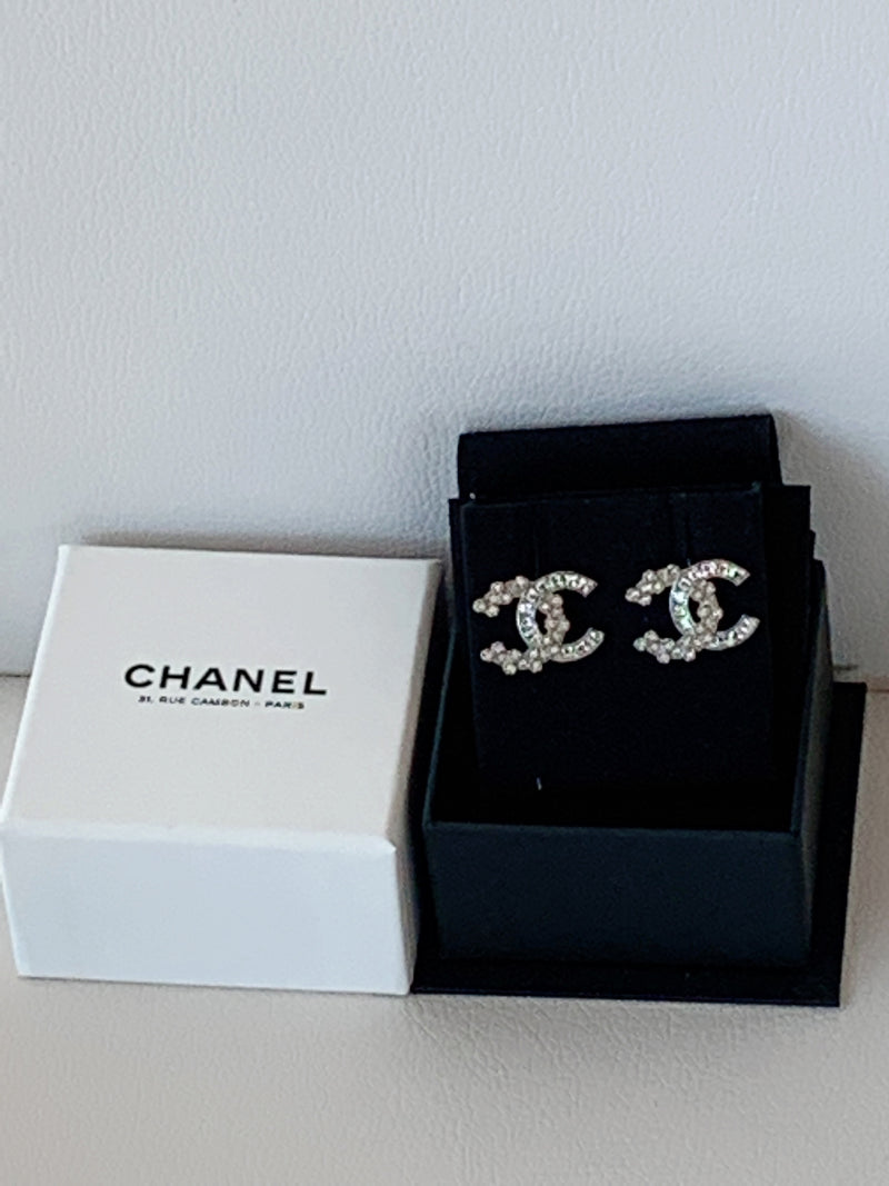 Sold-CHANEL CC Rhinestones Earrings/Silver C235