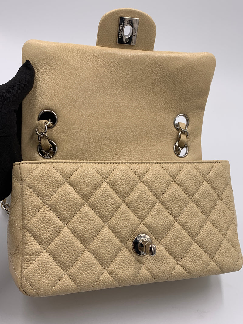 Sold-CHANEL Caviar Mini Rectangular Flap Beige - Crossbody - Silver Hardware