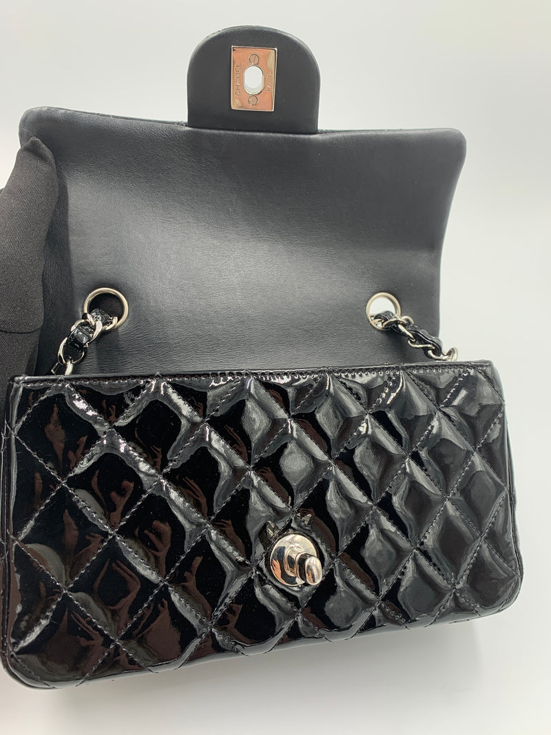 Sold-CHANEL Classic Mini Rectangular Black Shoulder Bag Crossbody - Silver Hardware Patent Leather