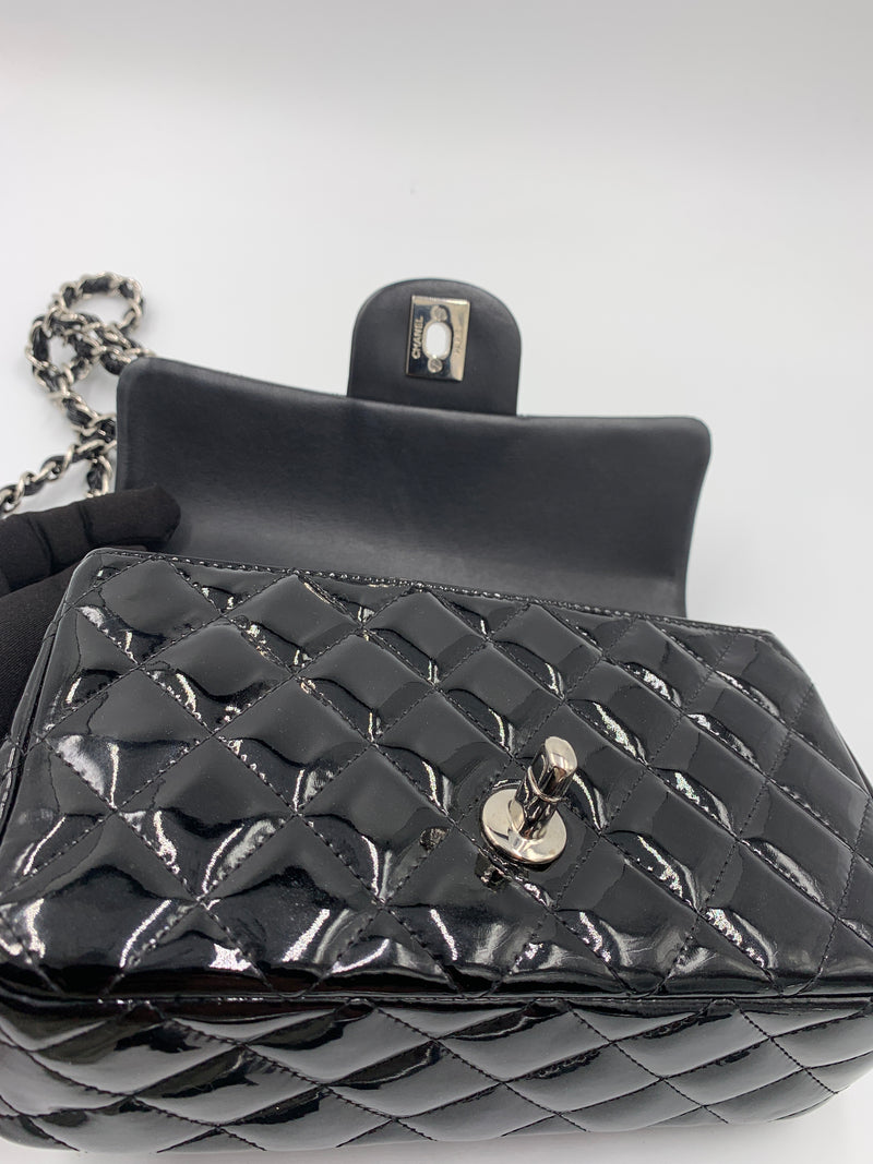 Sold-CHANEL Classic Mini Rectangular Black Shoulder Bag Crossbody - Silver Hardware Patent Leather