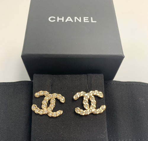 Sold-CHANEL CC Rhinestones Earrings/Gold L239