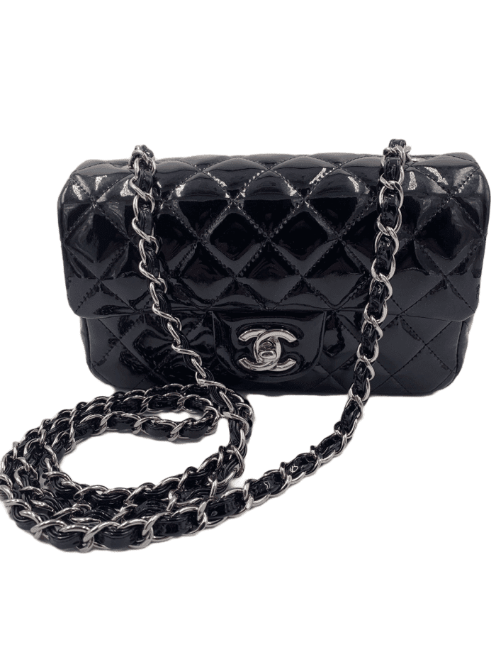 Sold-CHANEL Classic Mini Rectangular Black Shoulder Bag Crossbody - Silver Hardware Patent Leather