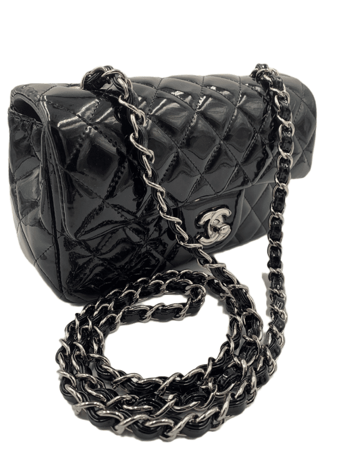 Sold-CHANEL Classic Mini Rectangular Black Shoulder Bag Crossbody - Silver Hardware Patent Leather