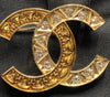 Sold-CHANEL CC Rhinestones Brooch - aged gold L241