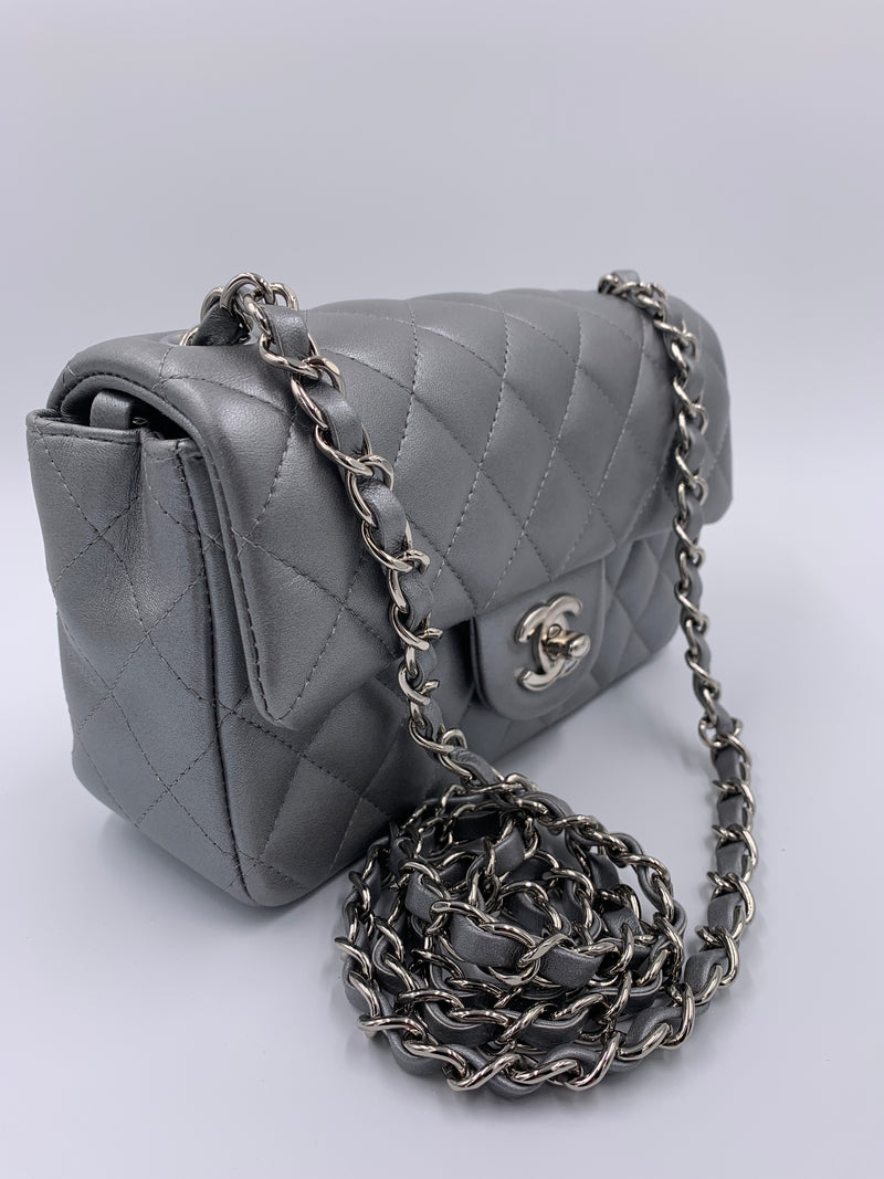 Sold-CHANEL Mini Rectangular Silver Grey Metallic Lambskin Shoulder bag Crossbody- Silver Hardware