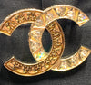 Sold-CHANEL CC Rhinestones Brooch - aged gold L241