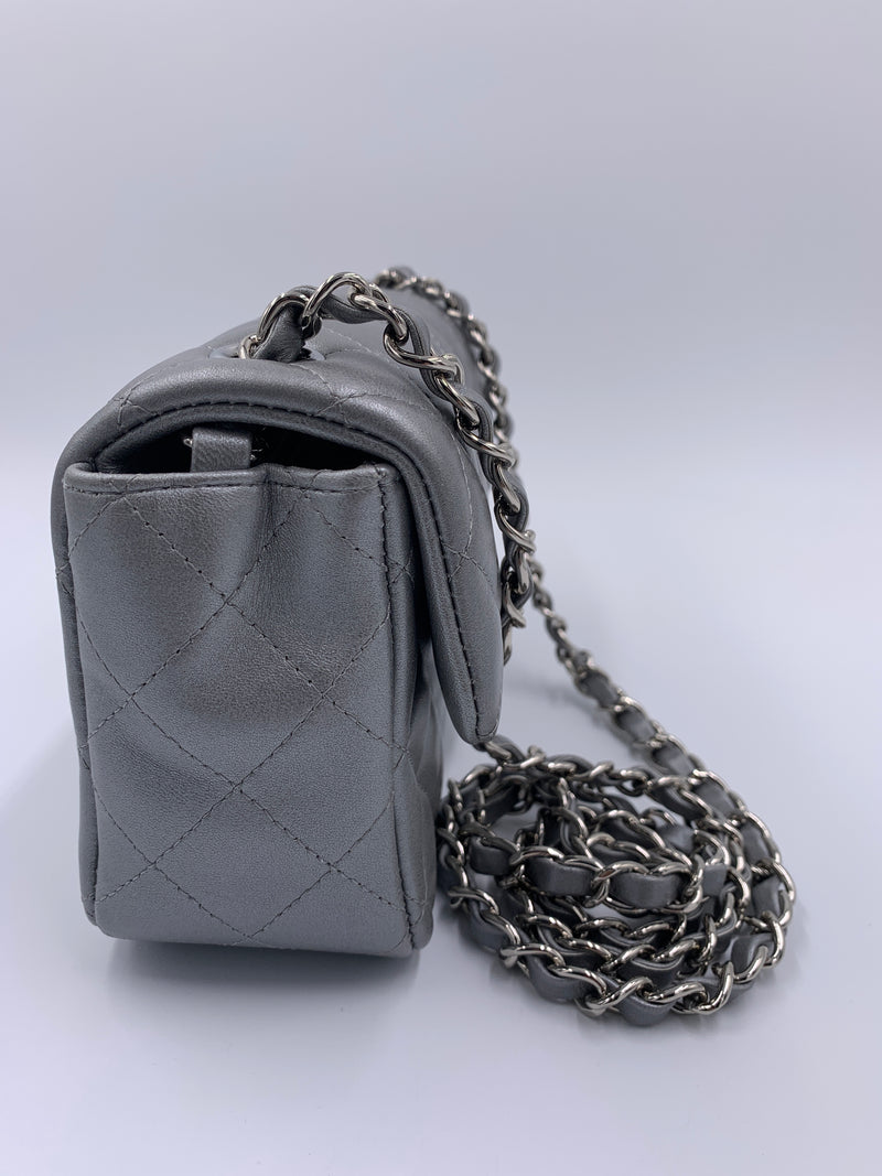 Sold-CHANEL Mini Rectangular Silver Grey Metallic Lambskin Shoulder bag Crossbody- Silver Hardware