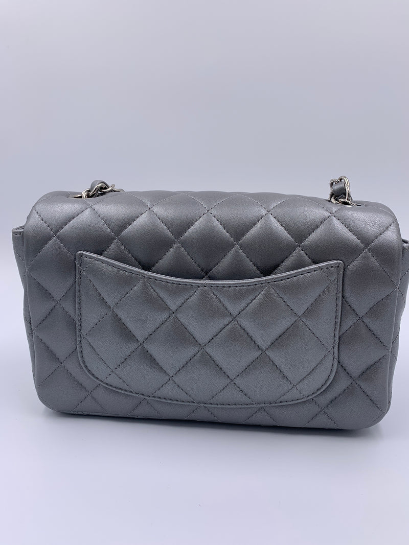 Sold-CHANEL Mini Rectangular Silver Grey Metallic Lambskin Shoulder bag Crossbody- Silver Hardware