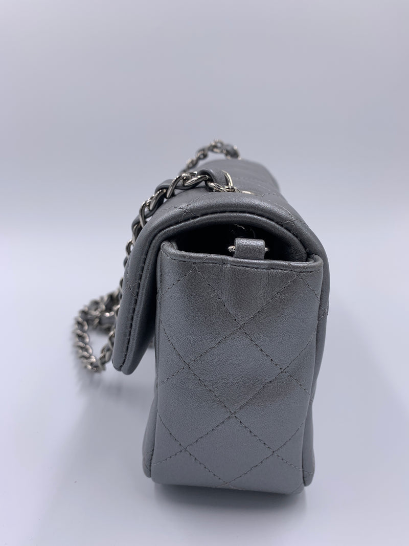 Sold-CHANEL Mini Rectangular Silver Grey Metallic Lambskin Shoulder bag Crossbody- Silver Hardware