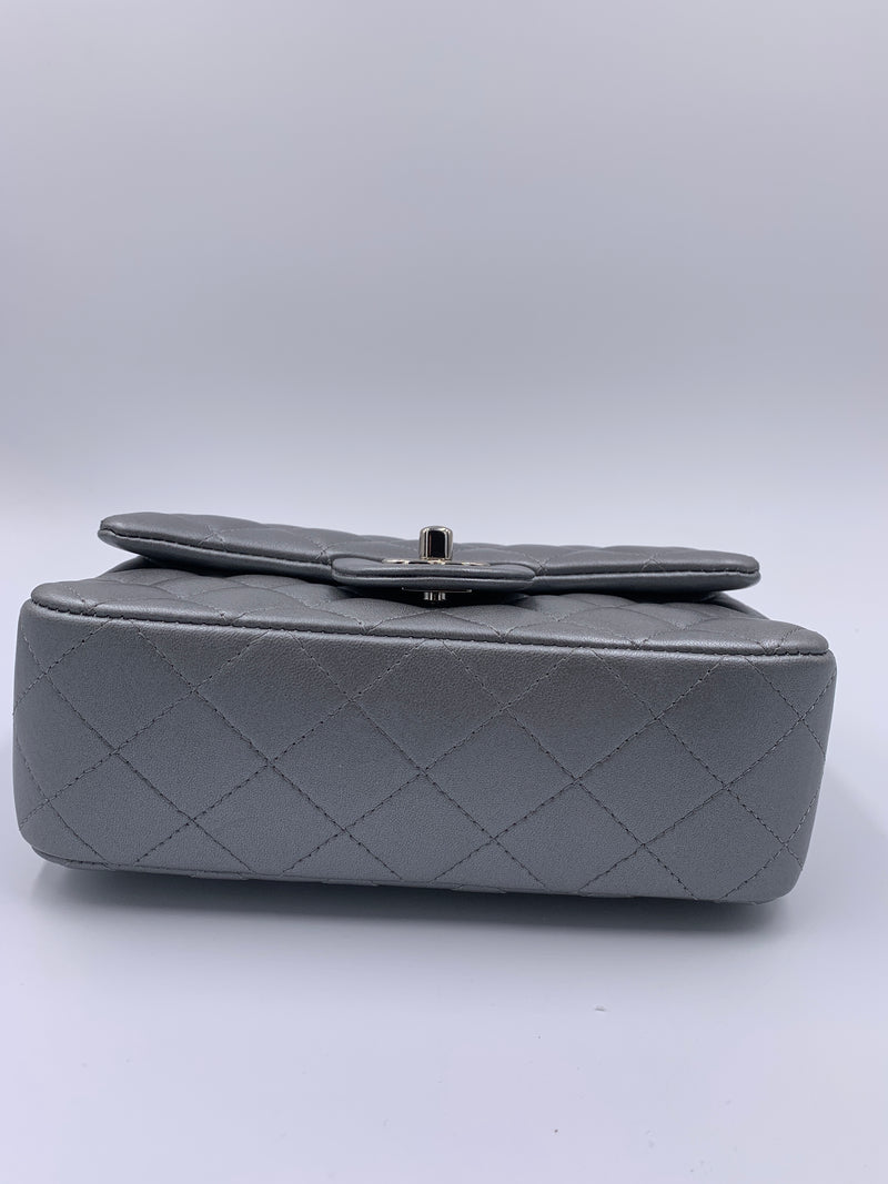 Sold-CHANEL Mini Rectangular Silver Grey Metallic Lambskin Shoulder bag Crossbody- Silver Hardware