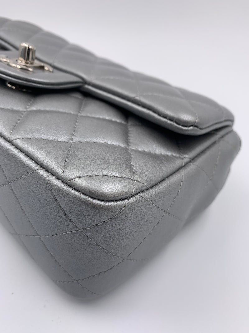 Sold-CHANEL Mini Rectangular Silver Grey Metallic Lambskin Shoulder bag Crossbody- Silver Hardware