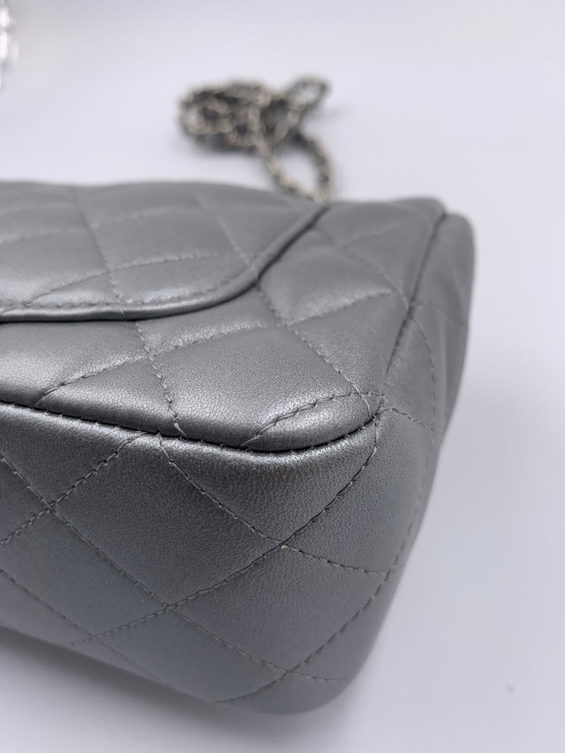 Sold-CHANEL Mini Rectangular Silver Grey Metallic Lambskin Shoulder bag Crossbody- Silver Hardware