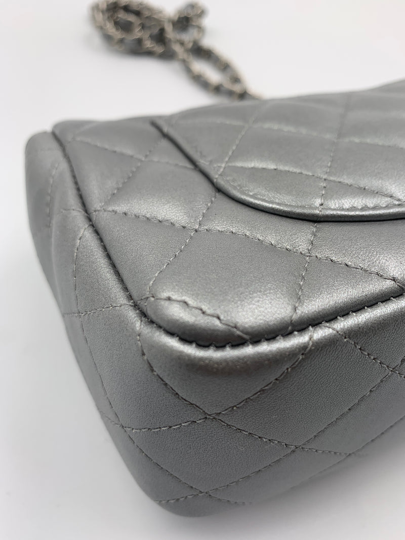 Sold-CHANEL Mini Rectangular Silver Grey Metallic Lambskin Shoulder bag Crossbody- Silver Hardware