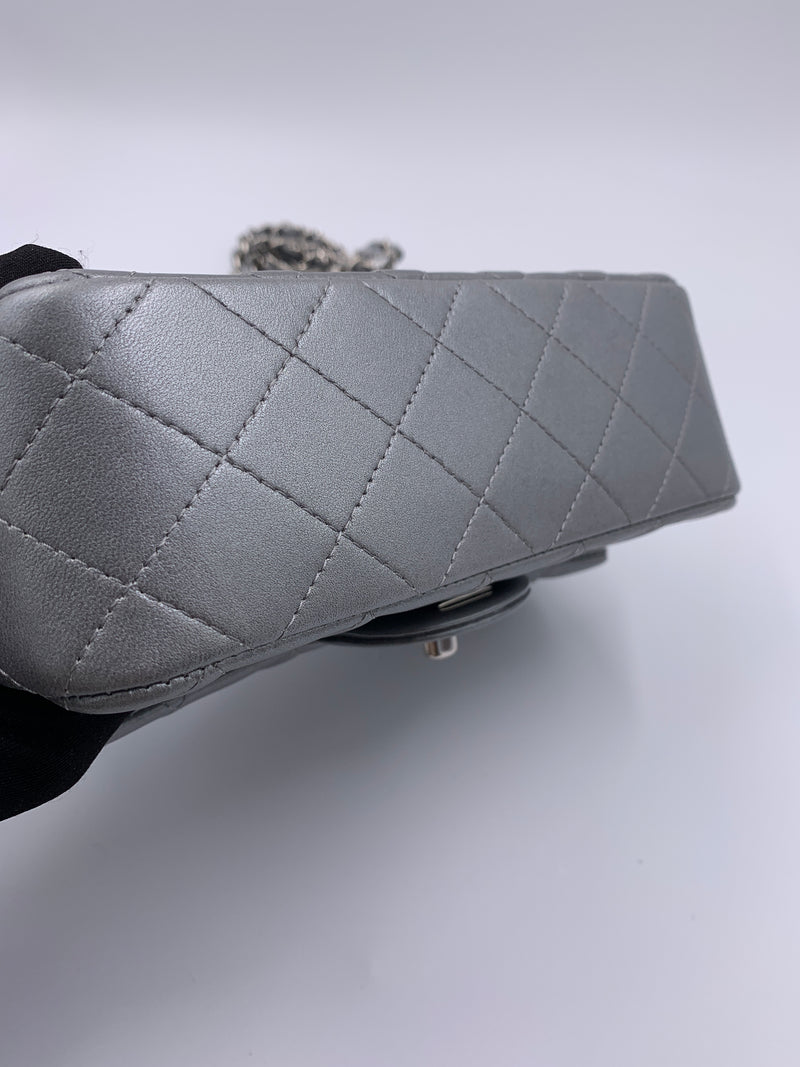 Sold-CHANEL Mini Rectangular Silver Grey Metallic Lambskin Shoulder bag Crossbody- Silver Hardware