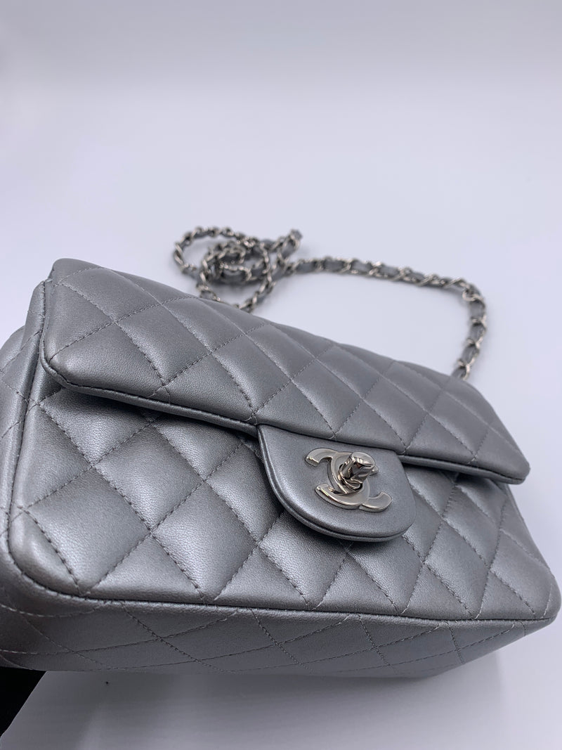 Sold-CHANEL Mini Rectangular Silver Grey Metallic Lambskin Shoulder bag Crossbody- Silver Hardware