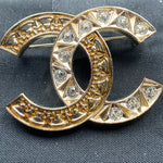 Sold-CHANEL CC Rhinestones Brooch - aged gold L241