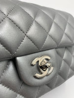 Sold-CHANEL Mini Rectangular Silver Grey Metallic Lambskin Shoulder bag Crossbody- Silver Hardware