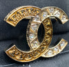 Sold-CHANEL CC Rhinestones Brooch - aged gold L241