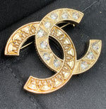 Sold-CHANEL CC Rhinestones Brooch - aged gold L241