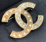 Sold-CHANEL CC Rhinestones Brooch - aged gold L241