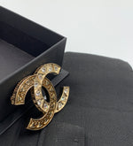 Sold-CHANEL CC Rhinestones Brooch - aged gold L241