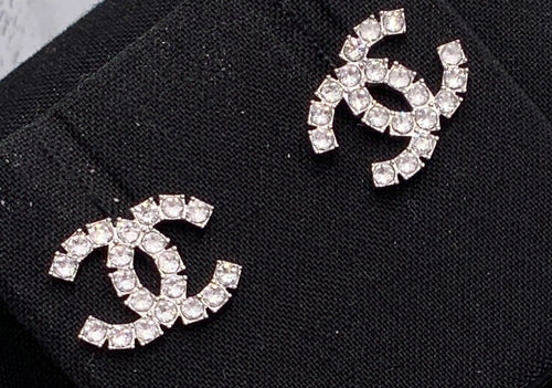 Sold-CHANEL CC Rhinestones Earrings/Silver C243