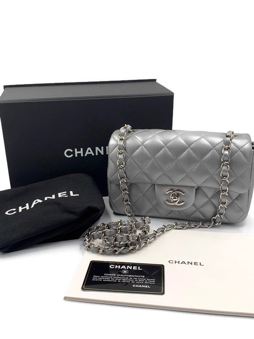 Sold-CHANEL Mini Rectangular Silver Grey Metallic Lambskin Shoulder bag Crossbody- Silver Hardware