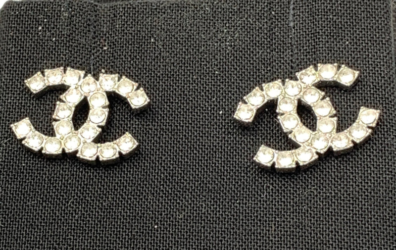 Sold-CHANEL CC Rhinestones Earrings/Silver C243