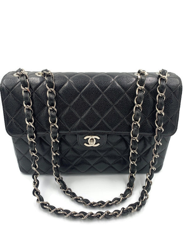 Sold-CHANEL Caviar Jumbo Flap Shoulder Bag black Silver hardware