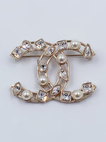 CHANEL CC Gold Rhinestones and Pearl Brooch