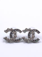 Sold-CHANEL CC Rhinestones Earrings/Silver C235