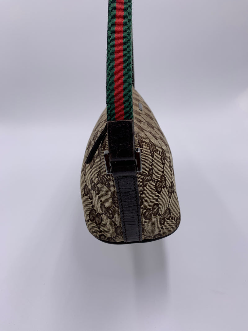 Sold-GUCCI GG Logo Brown Small Handbag with Green/Red Strap