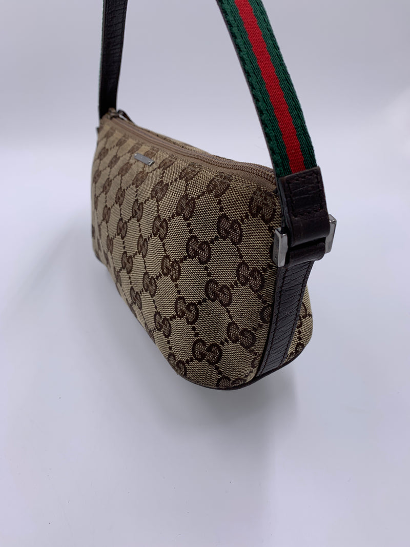 Sold-GUCCI GG Logo Brown Small Handbag with Green/Red Strap