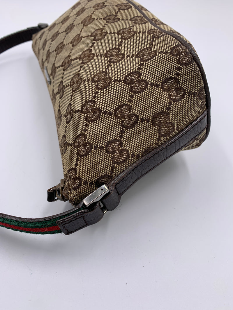 Sold-GUCCI GG Logo Brown Small Handbag with Green/Red Strap