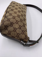 Sold-GUCCI GG Logo Brown Small Handbag with Green/Red Strap