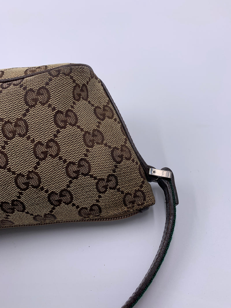 Sold-GUCCI GG Logo Brown Small Handbag with Green/Red Strap