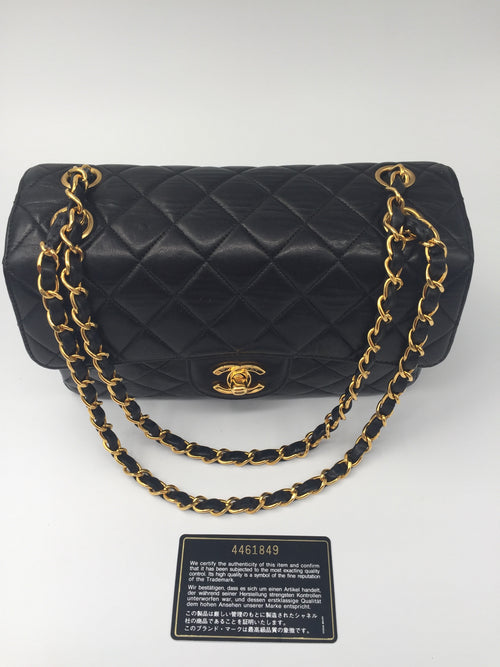 Sold-CHANEL Classic Lambskin Double Face Double Chain Flap Bag 23 black/gold