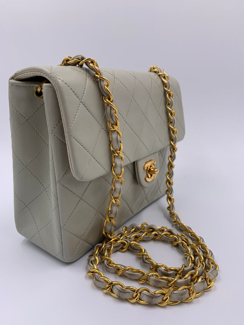 Sold-CHANEL Classic Lambskin Chain Mini Square Flap Bag Light Grey Gold Hardware