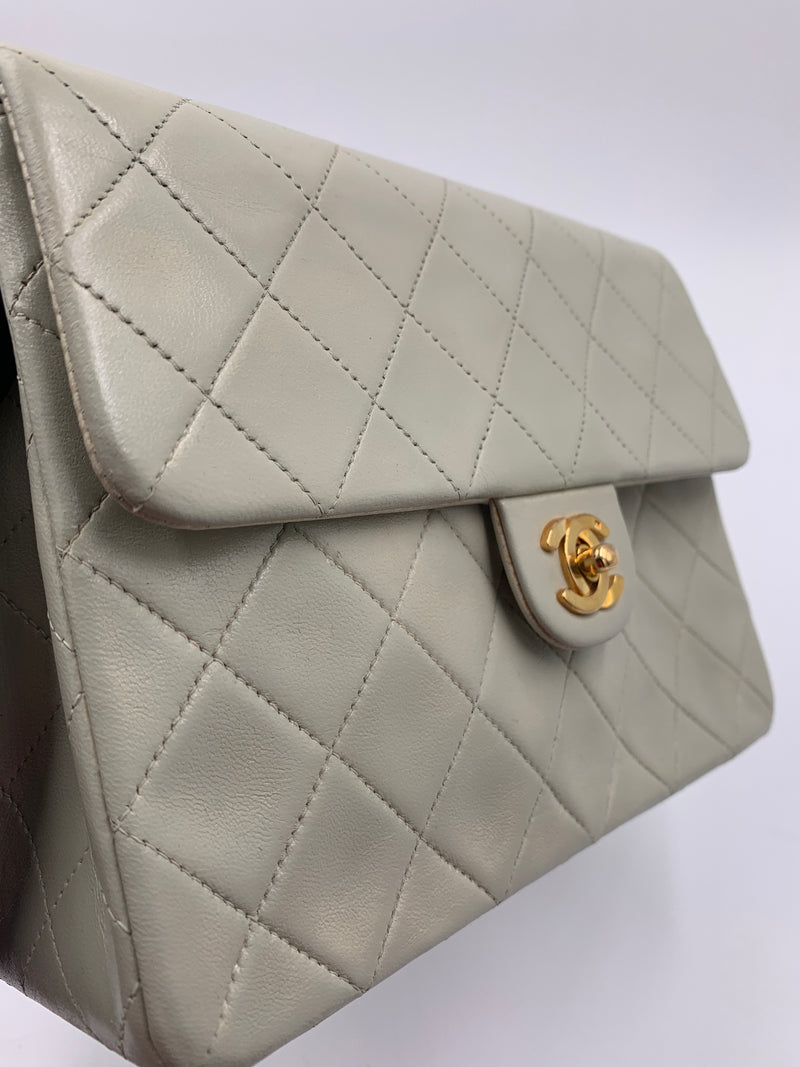 Sold-CHANEL Classic Lambskin Chain Mini Square Flap Bag Light Grey Gold Hardware