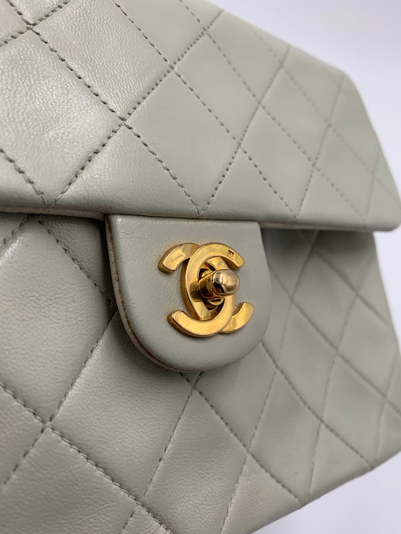 Sold-CHANEL Classic Lambskin Chain Mini Square Flap Bag Light Grey Gold Hardware